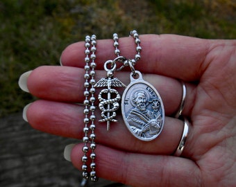 Saint St LUKE Necklace  - Physician Charm - Patron Saint Necklace - Caduceus - Graduation- Doctors Medical School- Stainless Ball Chain