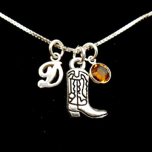 Cowgirl BOOT Charm Necklace, Sterling Silver Box Chain Necklace,Personalized Birthstone, Initial Charm, Western Necklace, Cowboy Boot, Rodeo