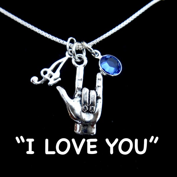 Sign Language, I Love You Necklace -Personalized -Sign Language Charm Necklace, Sterling Silver Initial, ASL Love Sign, Sign Language Charm