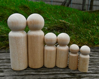 MAN Peg Dolls, Blank Wooden People, Set of 6 Unfinished Pegs, (2) Large Man Peg Dolls (2) Medium Boy Pegs (2) Tiny Toddler Peg dolls, Bulk