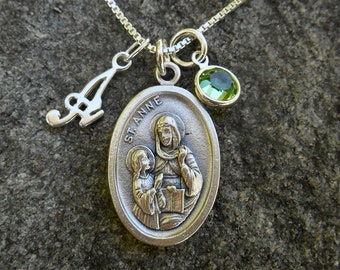 Saint St ANNE - Saint Ann - Personalized Initial - Swarovski Crystal Birthstone - Patron Saint Necklace - Catholic Custom Saint - Sterling