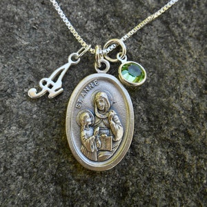 Saint St ANNE Saint Ann Personalized Initial Swarovski Crystal Birthstone Patron Saint Necklace Catholic Custom Saint Sterling zdjęcie 1