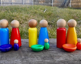 Color Mixing, Montessori Wooden Toys, Waldorf Peg Doll Family, Color Sorting and Shapes, Children’s play wood, Non-toxic, Primary Peg Doll