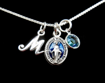 Virgin Mary Miraculous Medal, TINY .5 INCH, Virgin Mary Medallion, Confirmation, Cross, Small Blue Miraculous Medal, Mary Necklace, 1/2 Inch