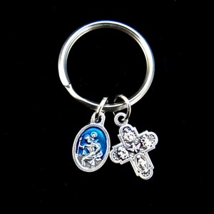St Christopher Key Chain- Key Fob- Saint Christopher- Split ring Keychain, 4 way Cross, Patron , Saint Christopher Patron of Travelers