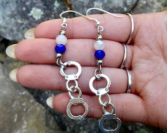 HandCuff Earrings, Sterling Silver Ear Wire, Law Enforcement, Thin Blue Line Earrings, Alloy Handcuffs, Police Dangle Earrings