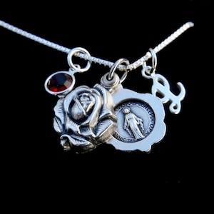 Sliding Rose Locket Virgin Mary Miraculous Medal, Sterling Box Chain, Virgin Mary Rose Medallion, Mary Locket, Miraculous Medal Necklace
