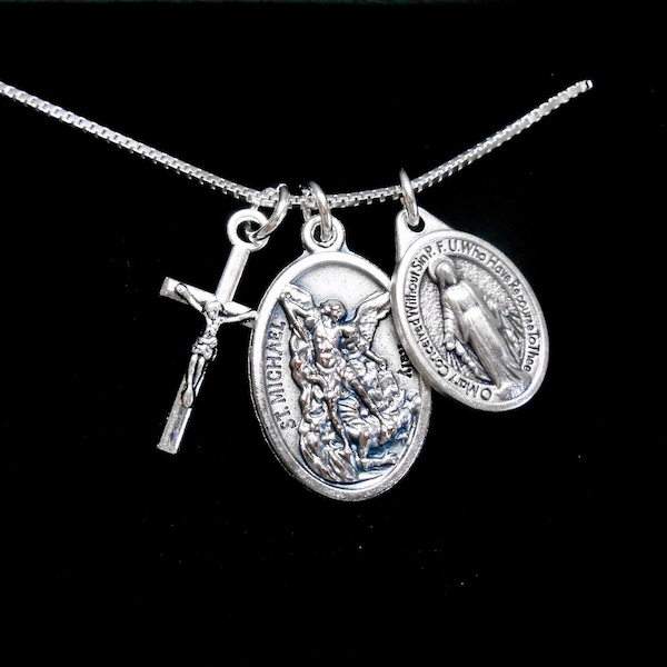 Protection from Evil Necklace, Saint Michael the Archangel - Crucifix Charm -Miraculous Medal - Patron Saint Police, EMT's - Paramedics