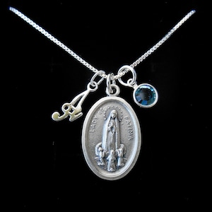 Our Lady of Fatima, Virgin Mary Medal, Sterling Box Chain Necklace, Mary Medallion, Religious, Confirmation, Cross, Portugal, Saint Necklace