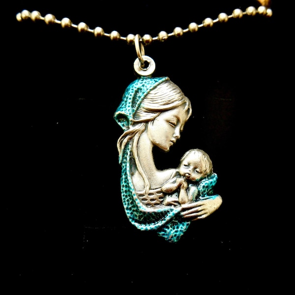 Blue Medal of Our Lady, Mary with Jesus Necklace, Catholic Gift, Our Lady Medal, Madonna and Child Pendant, 30" Ball Chain