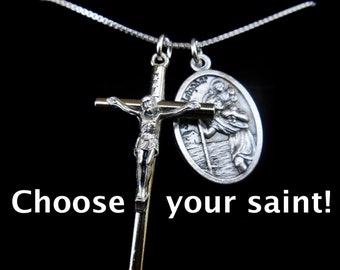 Choisissez votre Saint -Crucifix 1,5 Pouce - Grande Croix 1,5 Pouce - Confirmation Patron Saint Médaille - Cadeau Catholique -Collier Catholique