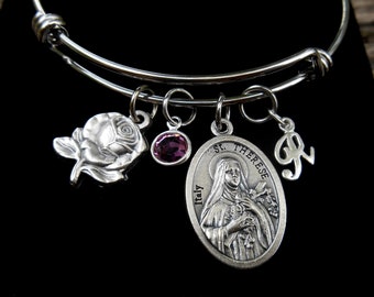 Saint Therese Bangle Bracelet- Stainless Steel- Adjustable Bangle Bracelet-Therese of Lisieux-Patron Saint-Confirmation- Sponsor Gift