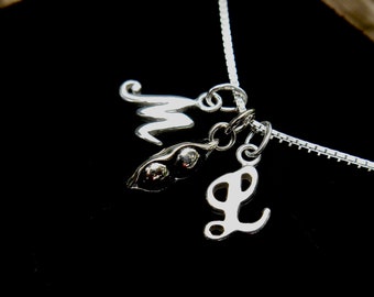Twin Two Peas in a pod Push Present Charm Necklace, 925 Pea Pod, Sterling Initials, Box Chain, Twin Mamma, Twin Birth or Memorial Necklace