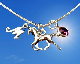Adorable Horse Charm Necklace- Horse initial necklace -Cowgirl- Equestrian Necklace- Horse Lover Gift- Personalized Birthstone and Initial