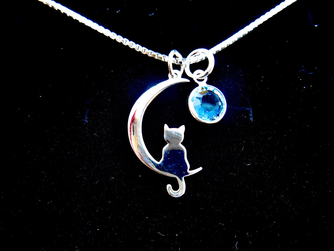 Sterling Silver Moon Cat Necklace Cat Charm Necklace Cat and Etsy