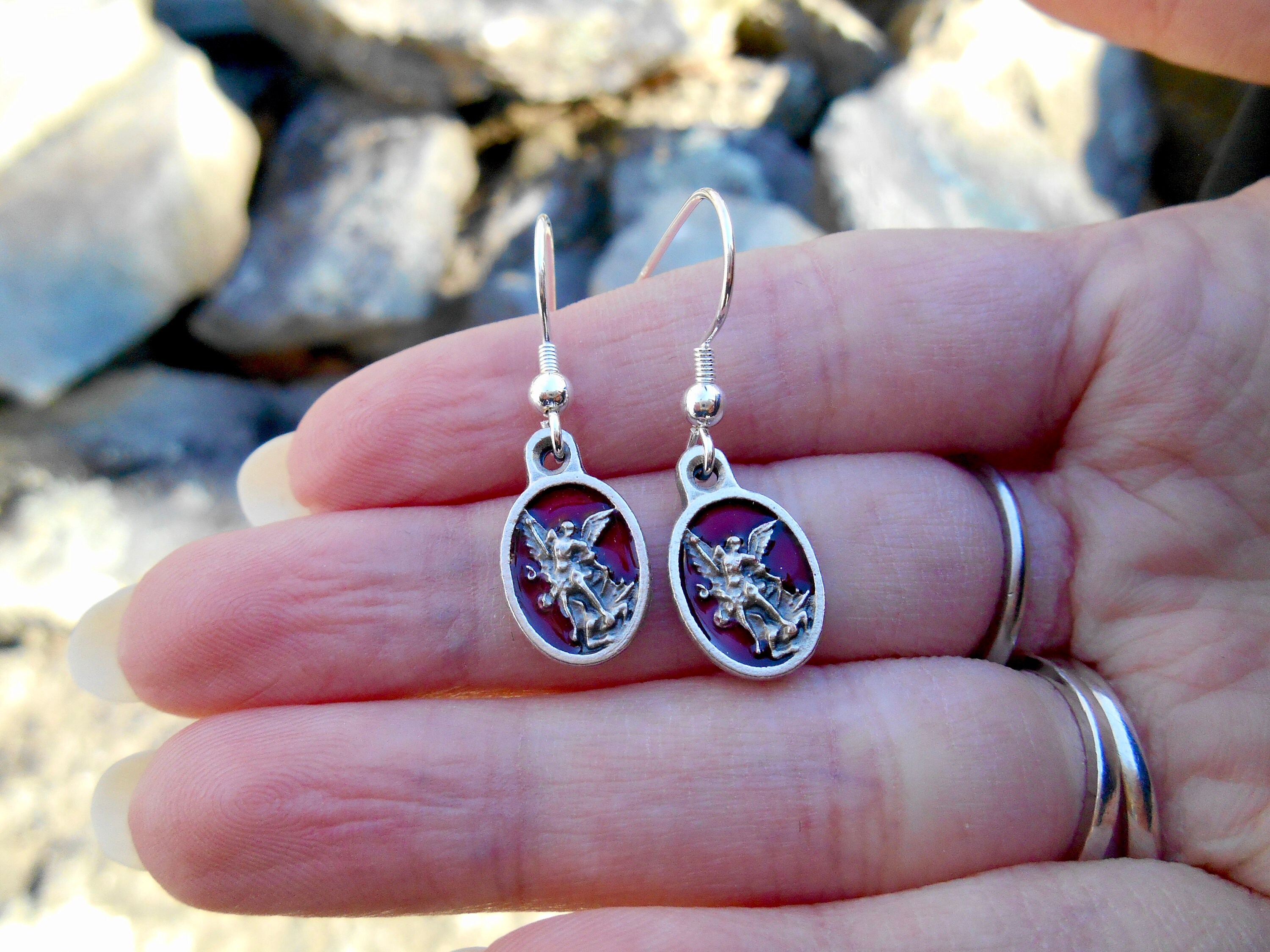 Saint St Michael Medal Earrings, 1/2 Inch Red Enamel St Michael, Saint Earrings, Sterling Silver fishhook, Confirmation Gift, Protection