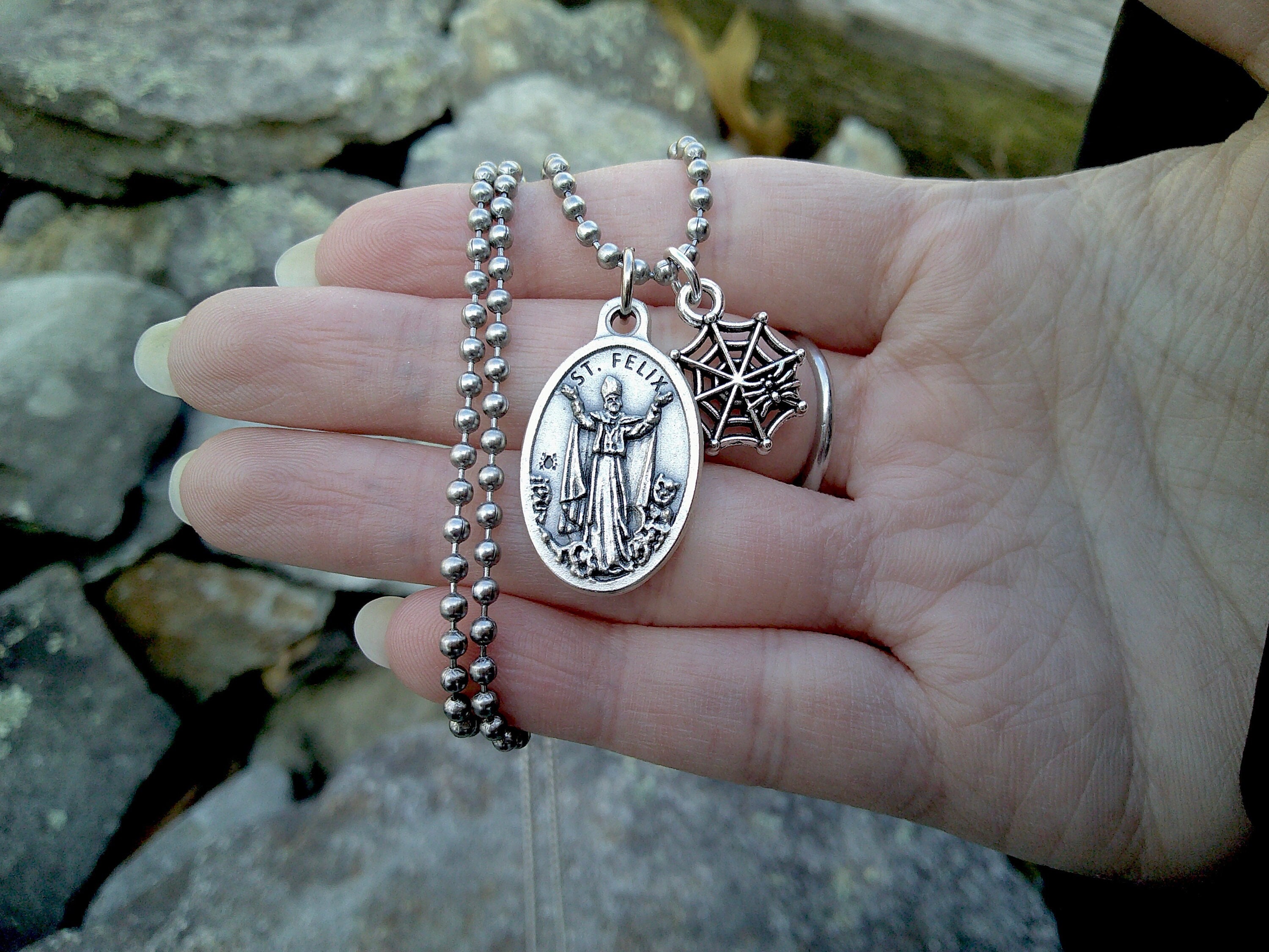 Saint Felix and the Spider, St. Felix/ Theodrore Double-sided Medal, Confirmation, Patron Saint Necklace, Sterling Silver Box Chain
