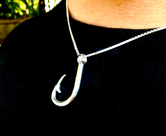 Fish Hook Necklace for Men, Large Fishhook Pendant, 1.6mm Sterling Silver Box Chain, Plated-Alloy Fishhook, Mens Fishing Necklace 24 Chain