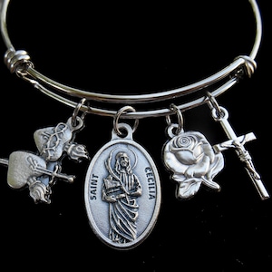 Saint Cecilia Bangle- Stainless Steel Bangle- Crucifix Charm-Rose Charm-Pierced Heart-Patron Confirmation- First Communion- Saint Bracelet