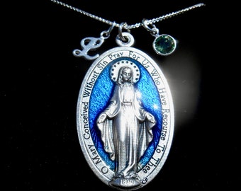 Virgin Mary Miraculous Medal, EXTRA Large 1.75 INCH, Virgin Mary Medallion, Confirmation, Cross, XL Blue Miraculous Medal, Mary Necklace