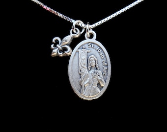 Saint St Joan of Arc Necklace - Fleur de Lis Charm - Patron Saint Necklace - Catholic Gift - Confirmation Jewelry-Soldiers- Saint Joan Medal