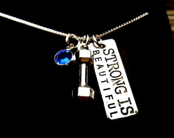Strong is Beautiful, Dumbbell Charm, Necklace, Weight Lifting, WorkOut Necklace, Inspiration Weight Loss, Fitness Charm, Best Friend Gift