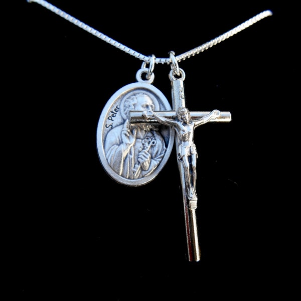 Saint St Peter Necklace -Men/Boys - Large 1.5 Inch Cross - Patron Saint Charm - Catholic Gift - Patron of Popes Rome - Confirmation Medal