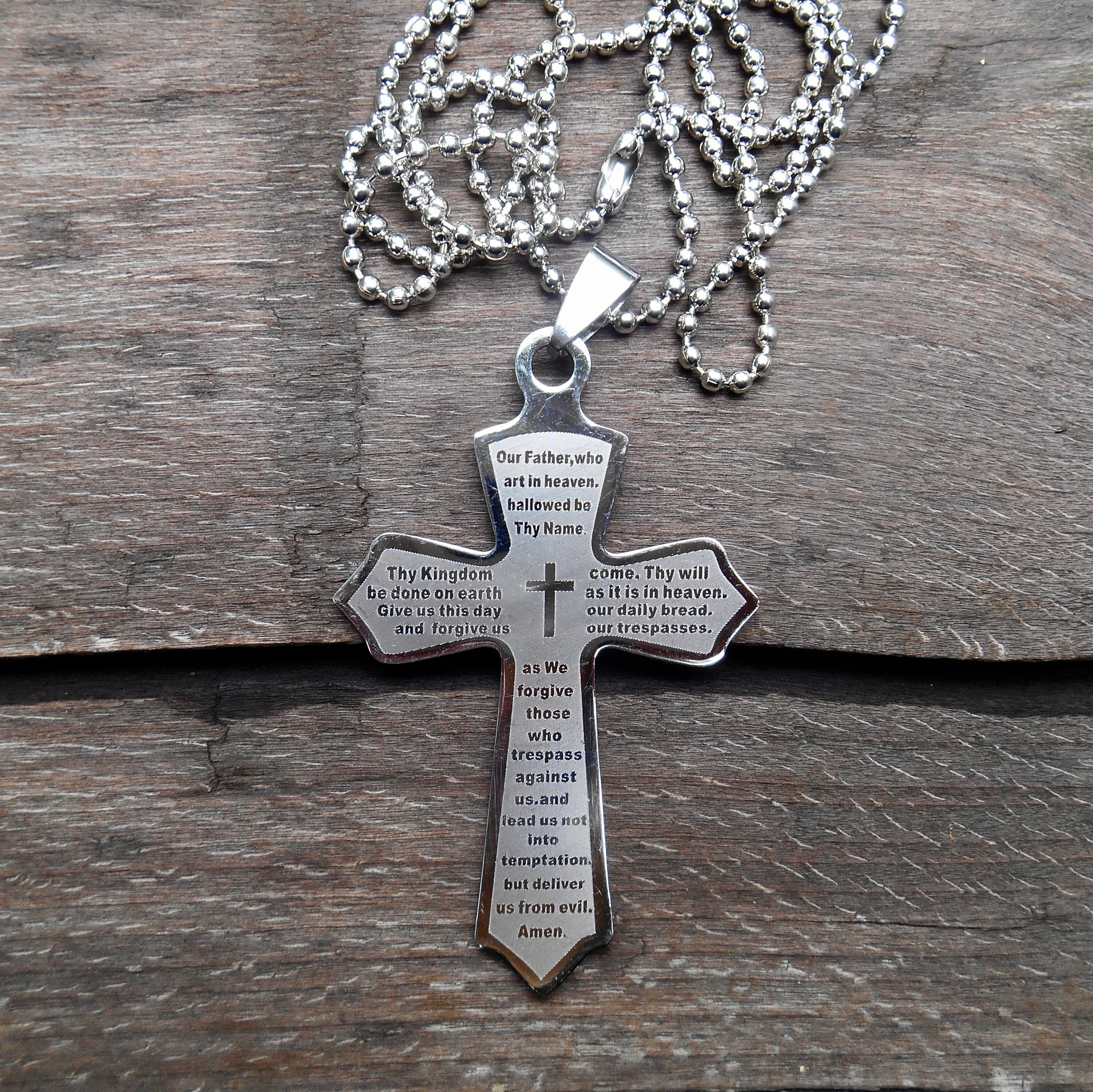 Stainless Steel Cross Necklace Our Father Lords Prayer Necklace