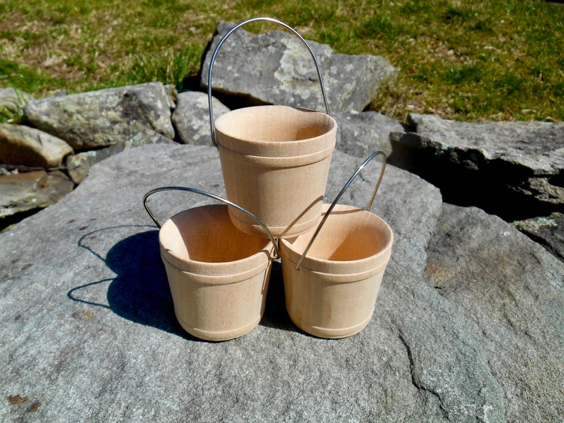 Miniature Wooden Buckets Set of 3, Small Wood Pails 2-1/16 Craft Wooden Bucket w / Wire Handle, Unfinished Craft Bucket, Miniature Bucket image 2