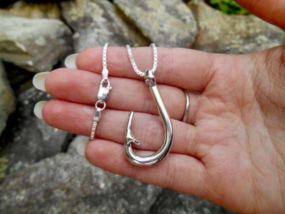 Fish Hook Necklace for Men, Large Fishhook Pendant, 1.6mm Sterling Silver Box Chain, Plated-Alloy Fishhook, Mens Fishing Necklace 24 Chain