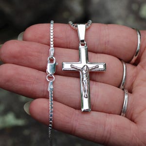 Mens Sterling Silver Crucifix, Catholic Cross, Solid .925 Cross, 1.6mm Sterling Silver Box Chain, Choose your chain length