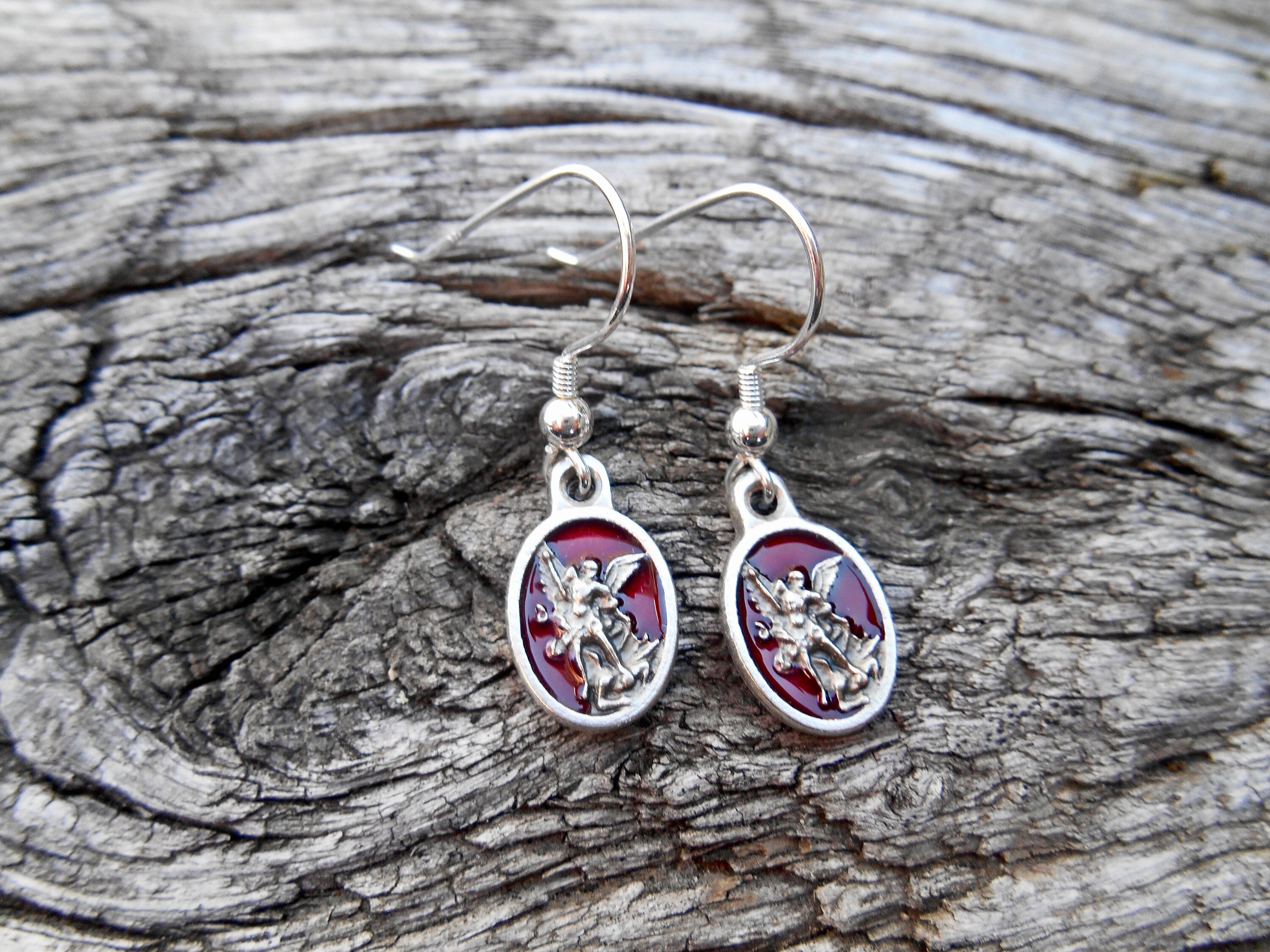 Saint St Michael Medal Earrings, 1/2 Inch Red Enamel St Michael, Saint Earrings, Sterling Silver fishhook, Confirmation Gift, Protection