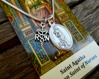 Saint Agatha, Patron Saint Nurses, Catholic Nurse Grad, 18" Stainless Steel Snake Chain, Nurses Prayer Card