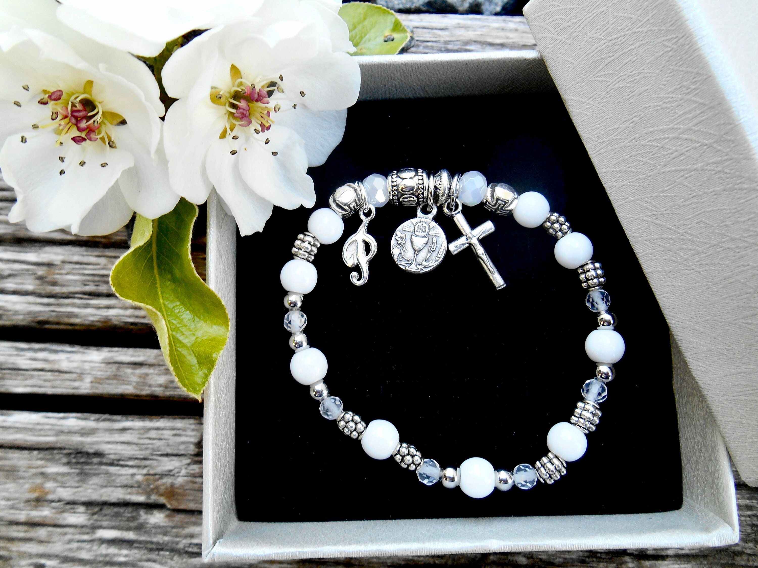 Bracciale Prima Comunione Per Ragazze | Con Croce E Cuore | Regalo Battesimo O Comunione