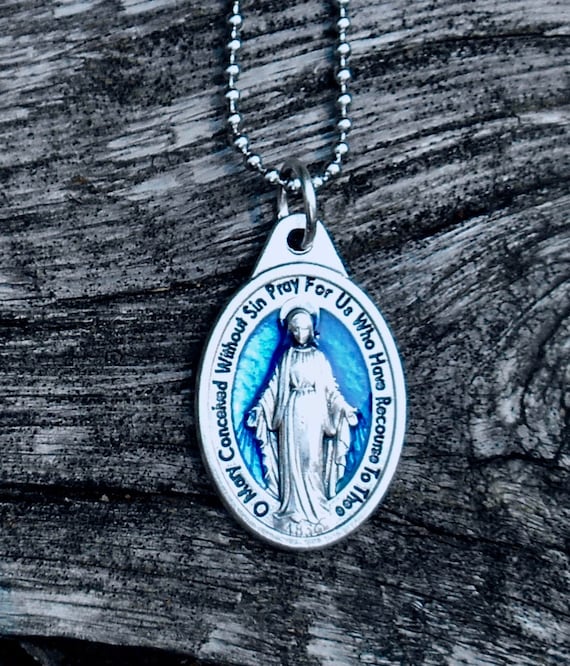 Tiny Miraculous Medal With Blue Enamel Background In English Blessed Virgin Mary 1/2" Long Made In Italy