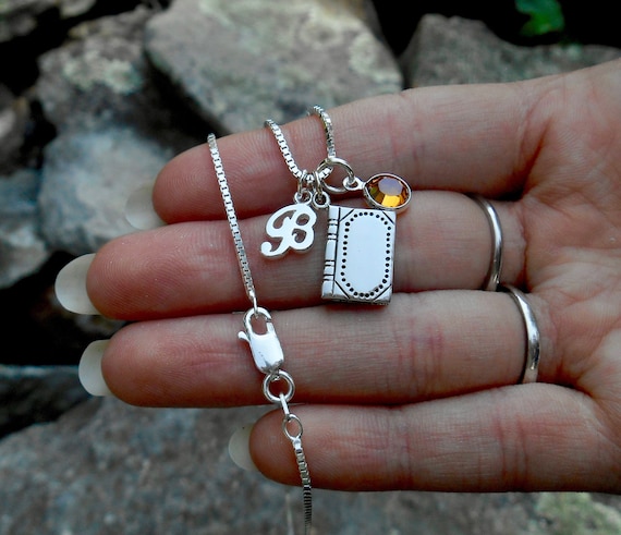 3D Book Charm Necklace, Birthstone, Sterling Silver Initial Charm