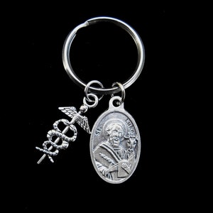 St Luke Key Chain- Key Fob- Saint Luke- Split ring Keychain, Caduceus, MD Charm, Patron Doctors, Saint Luke Confirmation, Medical School