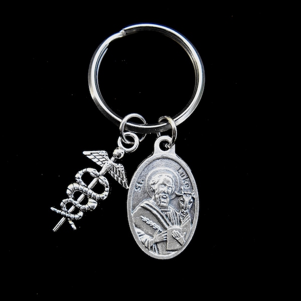 St Luke Key Chain- Key Fob- Saint Luke- Split ring Keychain, Caduceus, MD Charm, Patron Doctors, Saint Luke Confirmation, Medical School