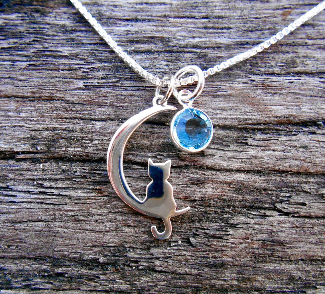 Sterling Silver Moon Cat Necklace Cat Charm Necklace Cat and Etsy
