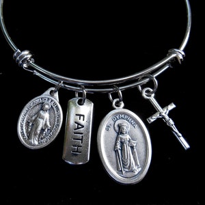 Saint Dymphna Bangle Bracelet- Stainless Steel Bangle- Faith Charm- Crucifix-Miraculous Medal-Patron Saint-Confirmation- First Communion