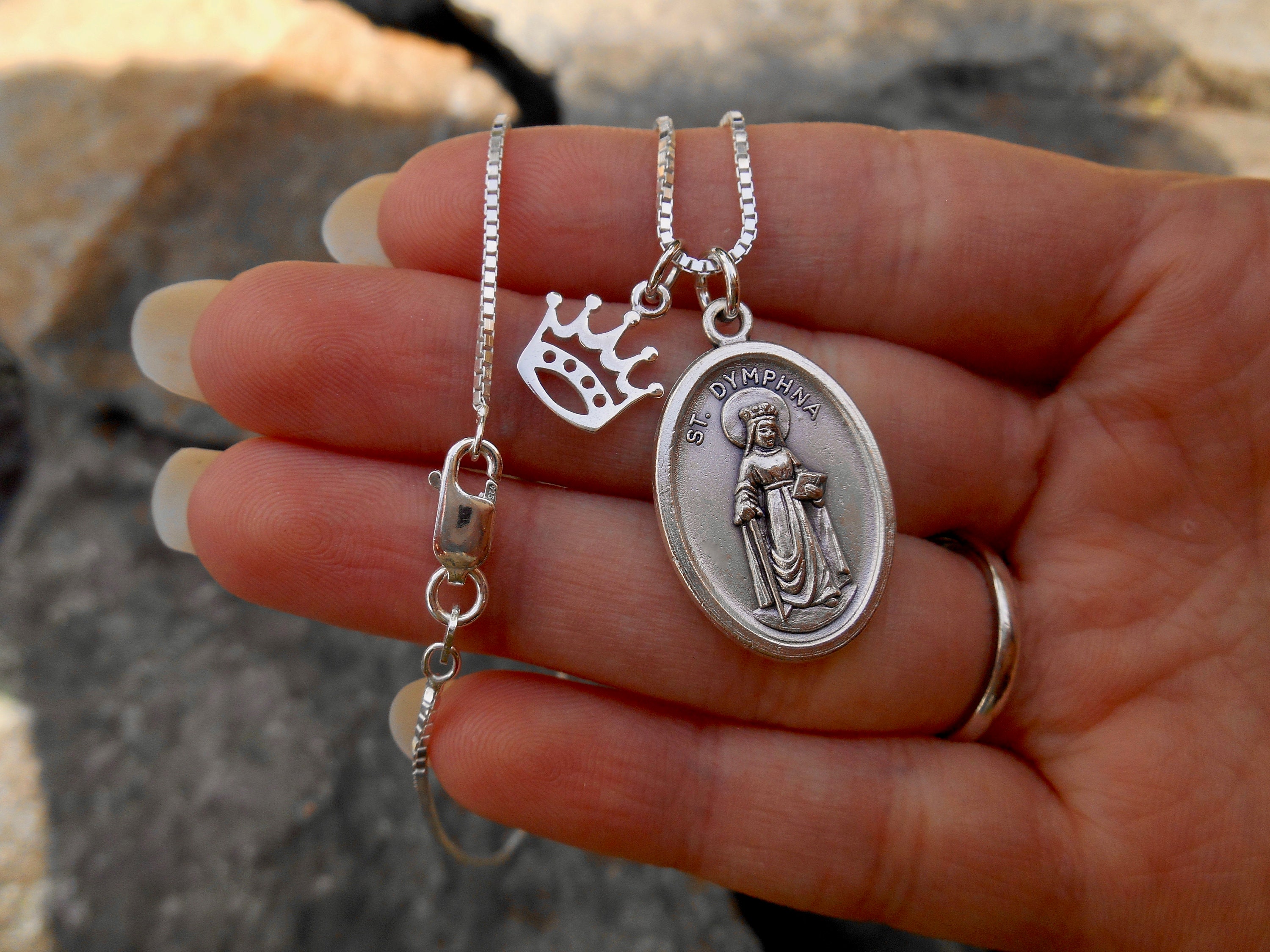 Saint St Dymphna Necklace Sterling Silver Crown Charm Catholic Gift Confirmation Jewelry Patron Saint of Psychiatrists Neurologist Etsy