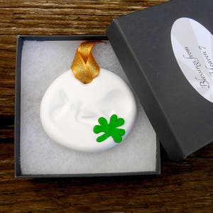 Irish Baby Announcement Ornament, Pregnancy Reveal, Polymer Baby, Irish Blessing, Shamrock Baby, Pregnancy Announcement, Irish Newborn Gift image 2