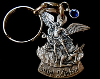 St Michael Keychain, Police Officer Gift, Police Keychain, Police Academy Graduation Gift, Saint Michael Medal, Crystal Birthstone