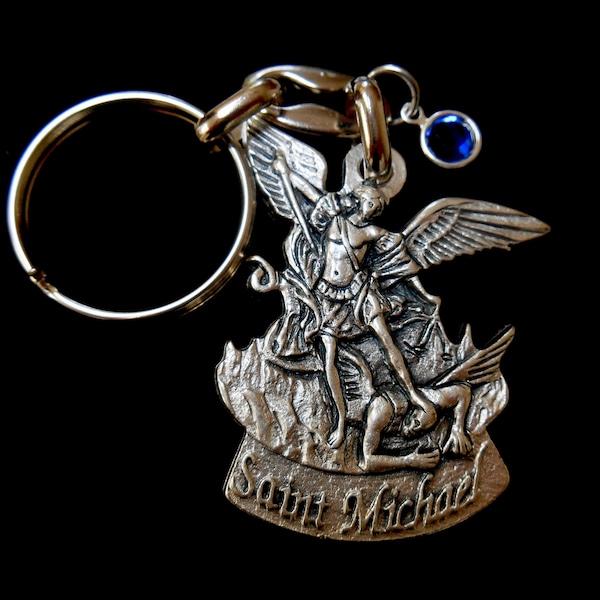 St Michael Keychain, Police Officer Gift, Police Keychain, Police Academy Graduation Gift, Saint Michael Medal, Swarovski Birthstone