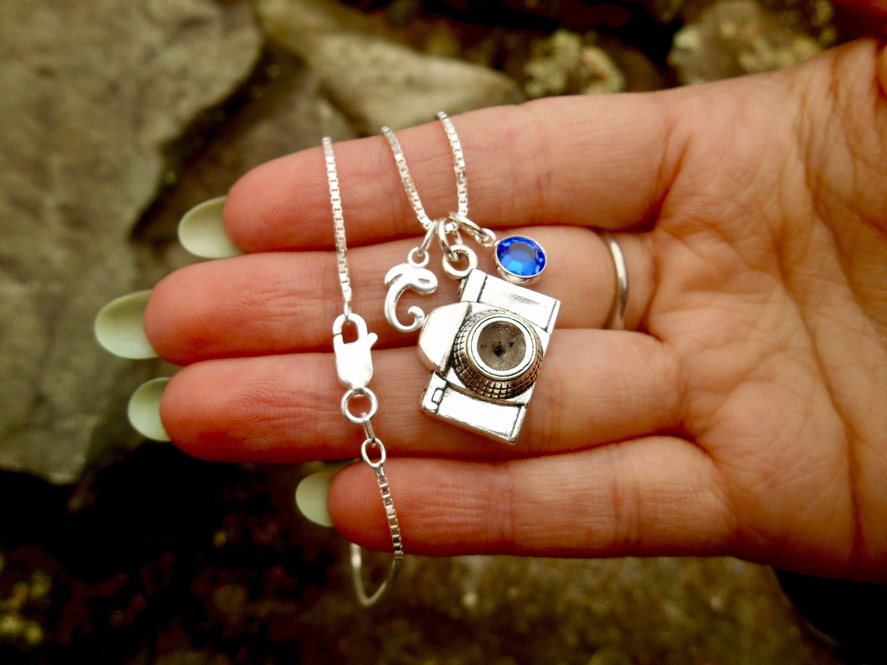Camera Charm Necklace Sterling Silver Box Chain Necklace Personalized Birthstone Initial Charm Photography Graduation Gift PHOTOGRAPHY Etsy Sweden