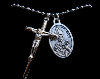 Saint Patrick, Mens 1.5 Inch Crucifix, Catholic Boys Cross, Confirmation, Mens Cross, St Patrick Gift, Sterling Silver or Stainless Steel
