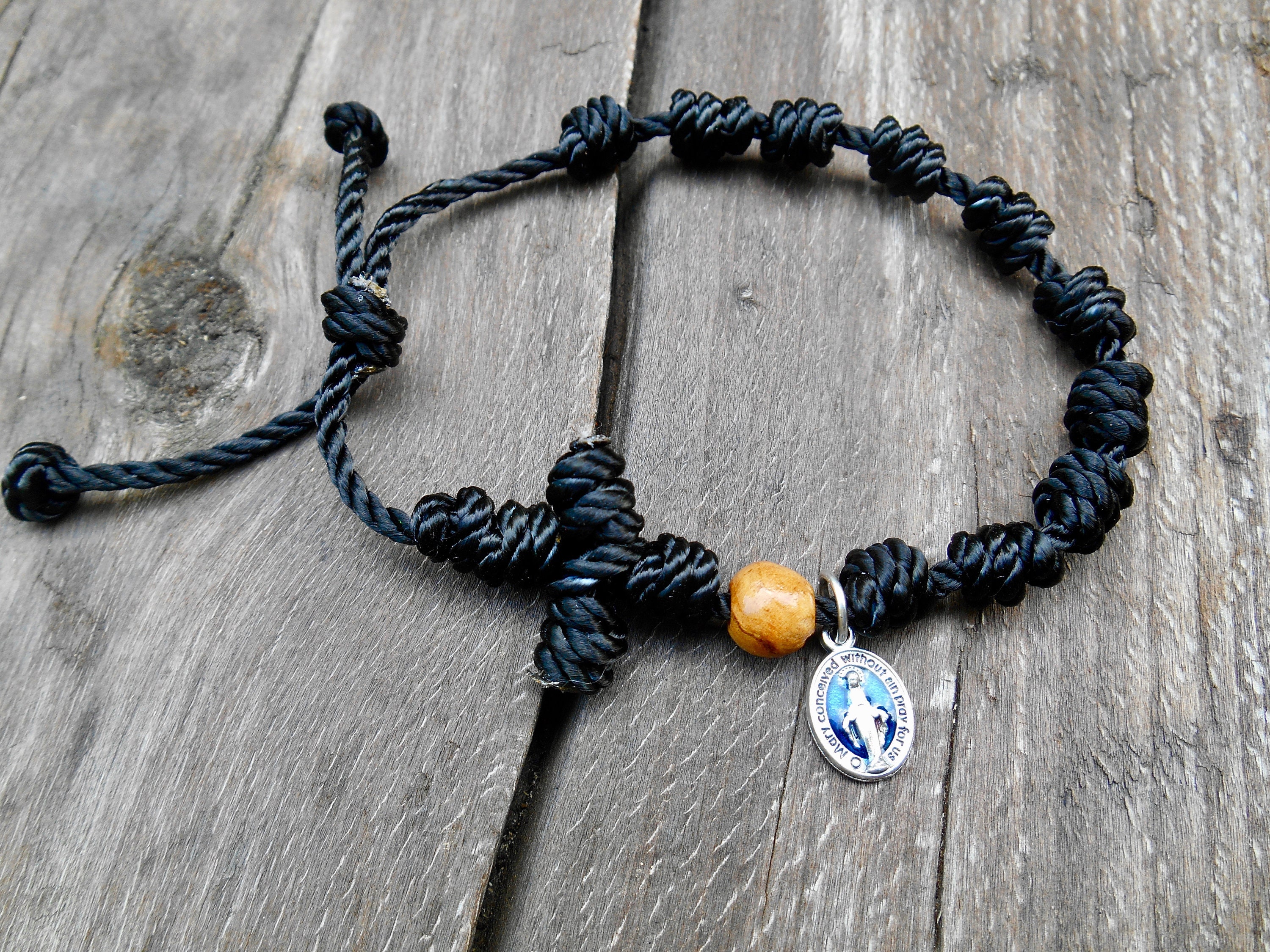 Knotted Rosary Bracelet, Black Cord Rosary, Pocket Rosary, Catholic Gift,  Single Decade, Confirmation Gift, Twine Rosary, Olive Wood Pater -   Singapore