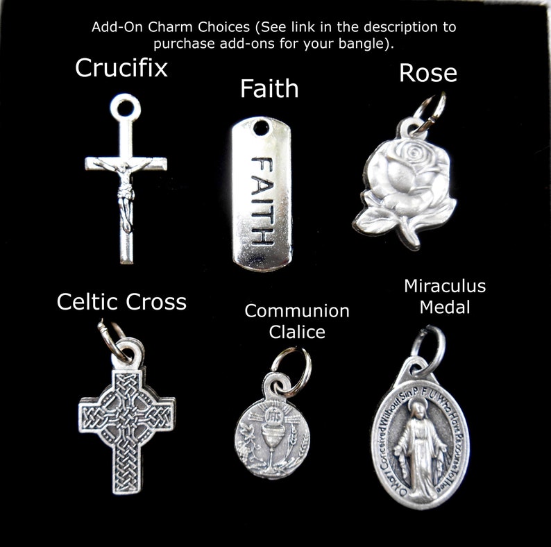 Crucifix Charm-Rose Charm-Pierced Heart-Patron Confirmation Stainless Steel Bangle Saint Bracelet Saint Cecilia Bangle First Communion