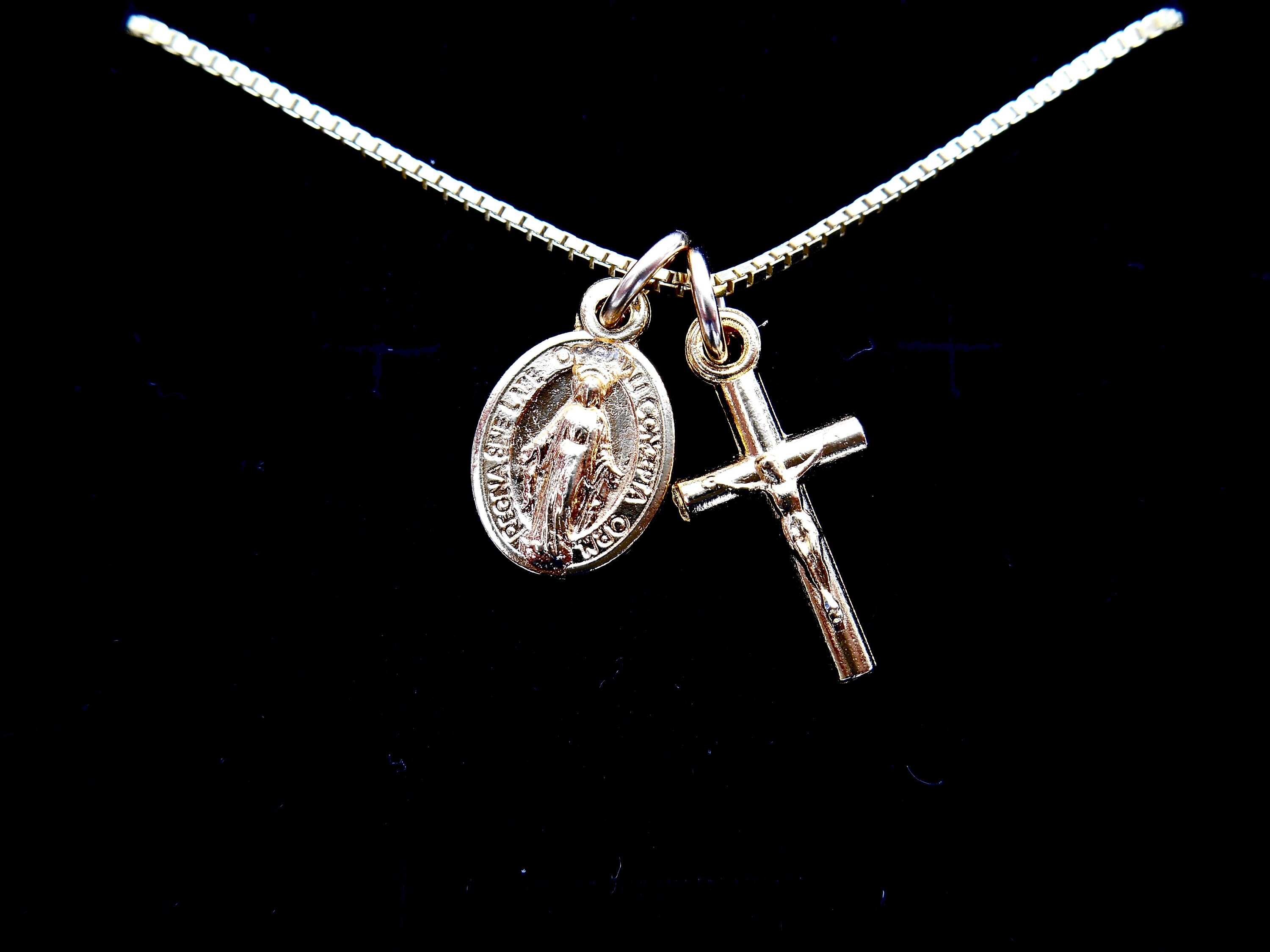 Tiny Gold Tone Miraculous Medal, Virgin Mary Miraculous Medal, Gold Plated Sterling Box Chain, Virgin Mary Medallion, Tiny Gold Cross