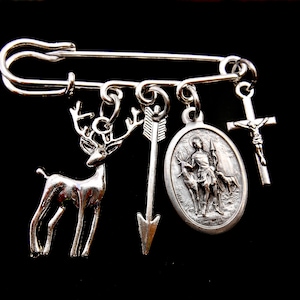 Saint St Hubert Jacket Pin - Patron Hunters-Arrow Charm - Patron Saint -Stag Charm - Confirmation- Patron Hunters Deer- Backpack Pin